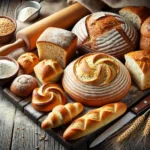 A variety of freshly baked homemade bread, including loaves, rolls, and baguettes, displayed on a rustic wooden table.